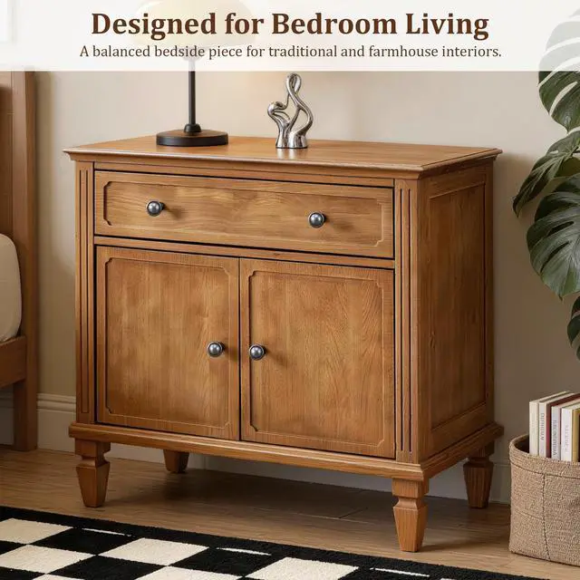 Alt view image 3 of 7 - Farmhouse Nightstand With Charging Station, Wood Bedside Table With Drawer & Double-Door Storage Cabinet, End Table With Usb & Type-C Ports For Bedroom, Living Room, Walnut Brown