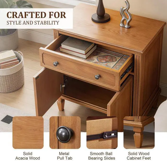 Alt view image 6 of 7 - Farmhouse Nightstand With Charging Station, Wood Bedside Table With Drawer & Double-Door Storage Cabinet, End Table With Usb & Type-C Ports For Bedroom, Living Room, Walnut Brown