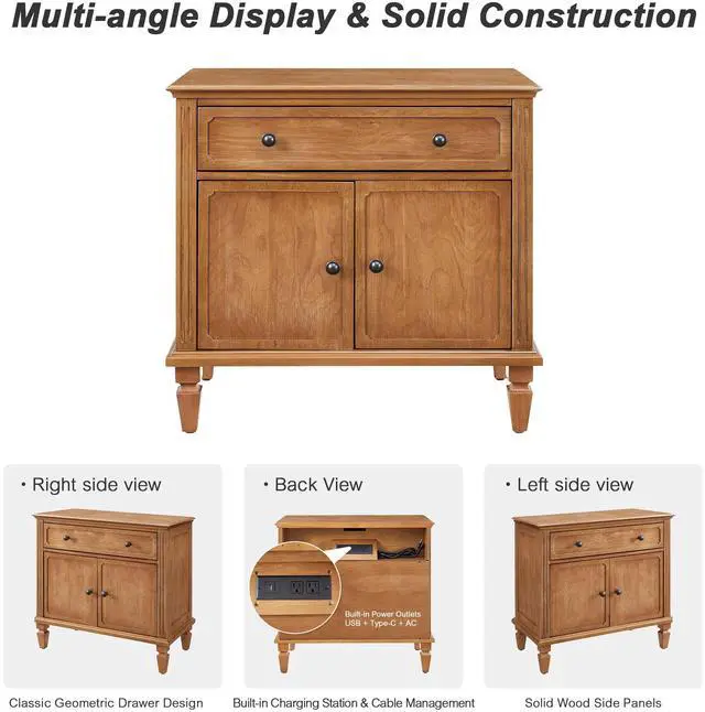 Alt view image 7 of 7 - Farmhouse Nightstand With Charging Station, Wood Bedside Table With Drawer & Double-Door Storage Cabinet, End Table With Usb & Type-C Ports For Bedroom, Living Room, Walnut Brown