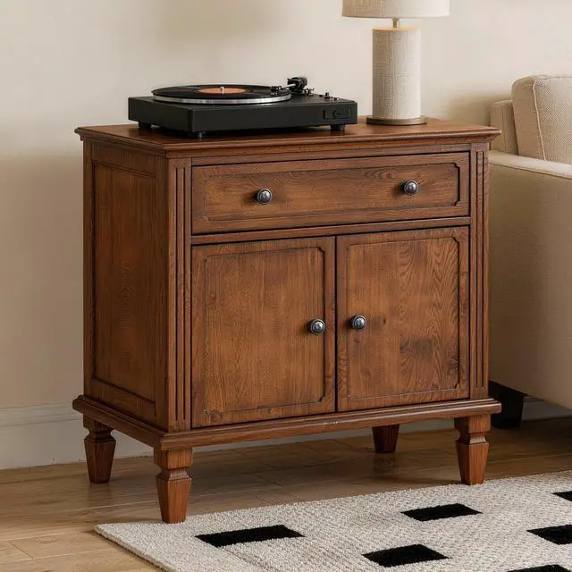 Main image of Farmhouse Nightstand With Charging Station, Wood Bedside Table With Drawer & Double-Door Storage Cabinet, End Table With Usb & Type-C Ports For Bedroom, Living Room, Walnut Brown