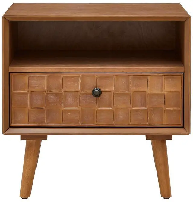 Alt view image 2 of 7 - 22" Mid-Century Modern Wood Nightstand With Carved Geometric Drawer Front, 1 Drawer And Open Shelf, Solid Wood Legs, Bedside Table For Bedroom