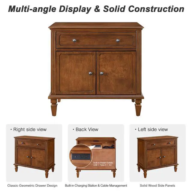 Alt view image 7 of 7 - Farmhouse Nightstand With Charging Station, Wood Bedside Table With Drawer & Double-Door Storage Cabinet, End Table With Usb & Type-C Ports For Bedroom, Living Room, Walnut Brown