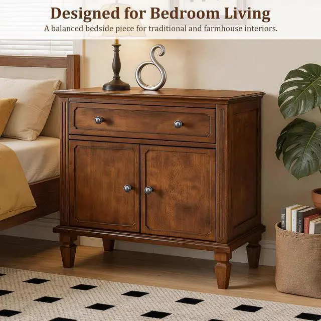Alt view image 4 of 7 - Farmhouse Nightstand With Charging Station, Wood Bedside Table With Drawer & Double-Door Storage Cabinet, End Table With Usb & Type-C Ports For Bedroom, Living Room, Walnut Brown