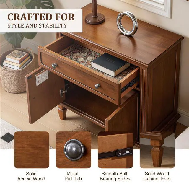 Alt view image 5 of 7 - Farmhouse Nightstand With Charging Station, Wood Bedside Table With Drawer & Double-Door Storage Cabinet, End Table With Usb & Type-C Ports For Bedroom, Living Room, Walnut Brown