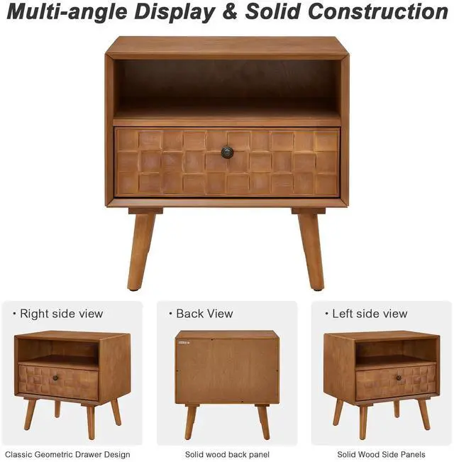 Alt view image 4 of 7 - 22" Mid-Century Modern Wood Nightstand With Carved Geometric Drawer Front, 1 Drawer And Open Shelf, Solid Wood Legs, Bedside Table For Bedroom