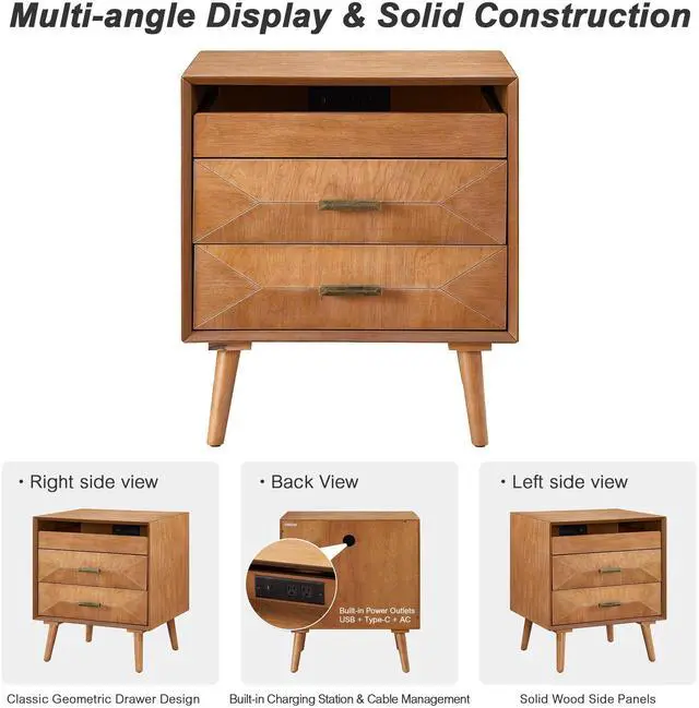 Alt view image 3 of 7 - 24" Nightstand With Charging Station, Keep Your Phone Charged & Bedroom Organized, Wood Bedside Table With 2 Drawers, Open Shelf & Usb/Type-C Ports For Bedroom Living Room