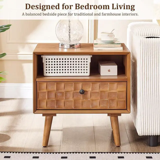 Alt view image 6 of 7 - 22" Mid-Century Modern Wood Nightstand With Carved Geometric Drawer Front, 1 Drawer And Open Shelf, Solid Wood Legs, Bedside Table For Bedroom