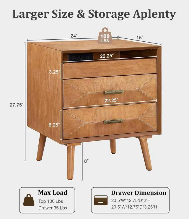 Alt view image 6 of 7 - 24" Nightstand With Charging Station, Keep Your Phone Charged & Bedroom Organized, Wood Bedside Table With 2 Drawers, Open Shelf & Usb/Type-C Ports For Bedroom Living Room