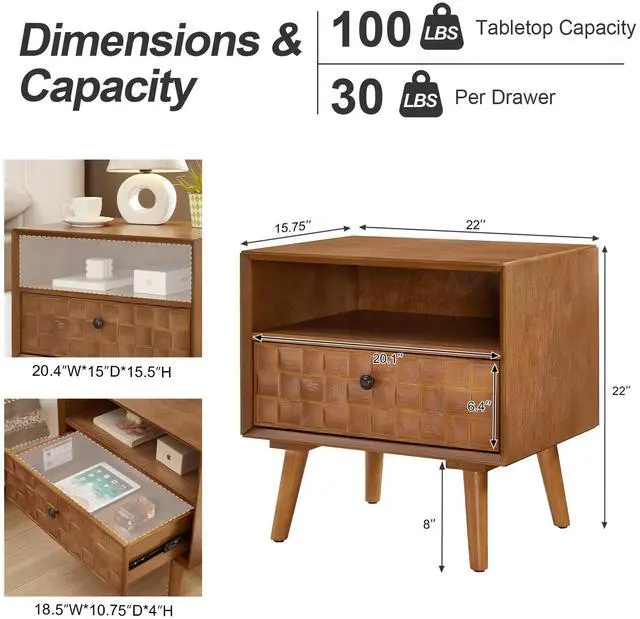 Alt view image 5 of 7 - 22" Mid-Century Modern Wood Nightstand With Carved Geometric Drawer Front, 1 Drawer And Open Shelf, Solid Wood Legs, Bedside Table For Bedroom