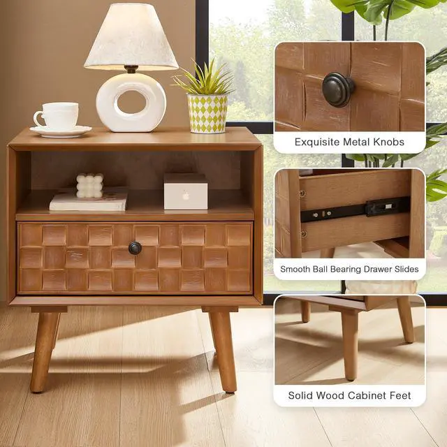 Alt view image 7 of 7 - 22" Mid-Century Modern Wood Nightstand With Carved Geometric Drawer Front, 1 Drawer And Open Shelf, Solid Wood Legs, Bedside Table For Bedroom