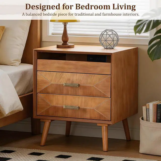 Alt view image 4 of 7 - 24" Nightstand With Charging Station, Keep Your Phone Charged & Bedroom Organized, Wood Bedside Table With 2 Drawers, Open Shelf & Usb/Type-C Ports For Bedroom Living Room