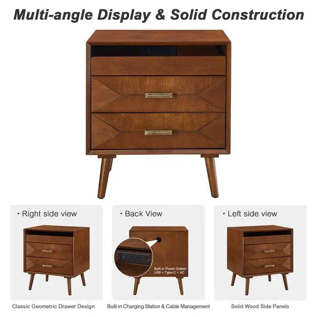 Alt view image 3 of 7 - 24" Nightstand With Charging Station, Keep Your Phone Charged & Bedroom Organized, Wood Bedside Table With 2 Drawers, Open Shelf & Usb/Type-C Ports For Bedroom Living Room