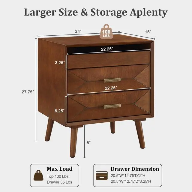 Alt view image 6 of 7 - 24" Nightstand With Charging Station, Keep Your Phone Charged & Bedroom Organized, Wood Bedside Table With 2 Drawers, Open Shelf & Usb/Type-C Ports For Bedroom Living Room