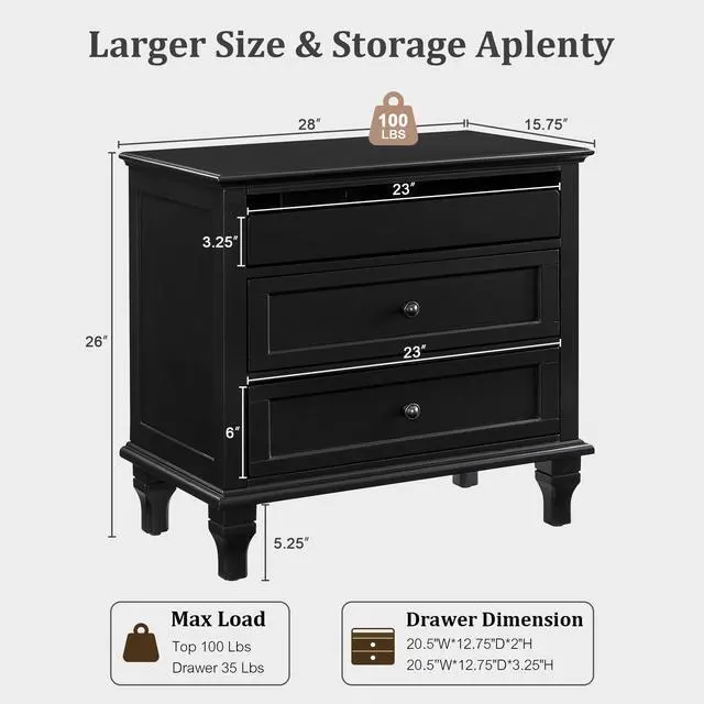 Alt view image 2 of 7 - 28" Wood Nightstand With Charging Station, Farmhouse Bedside Table With 3 Drawers, Usb & Type-C Ports, Storage End Table For Bedroom Living Room Office