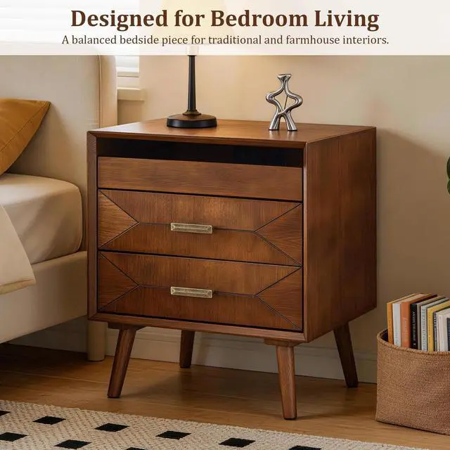 Alt view image 7 of 7 - 24" Nightstand With Charging Station, Keep Your Phone Charged & Bedroom Organized, Wood Bedside Table With 2 Drawers, Open Shelf & Usb/Type-C Ports For Bedroom Living Room