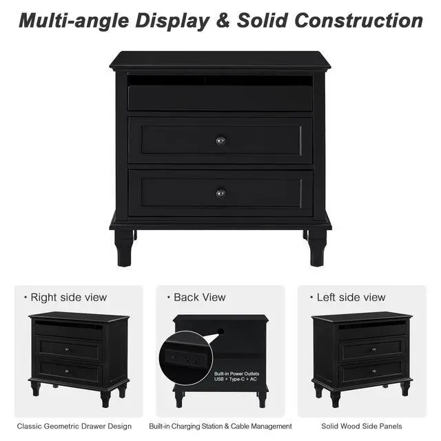 Alt view image 3 of 7 - 28" Wood Nightstand With Charging Station, Farmhouse Bedside Table With 3 Drawers, Usb & Type-C Ports, Storage End Table For Bedroom Living Room Office