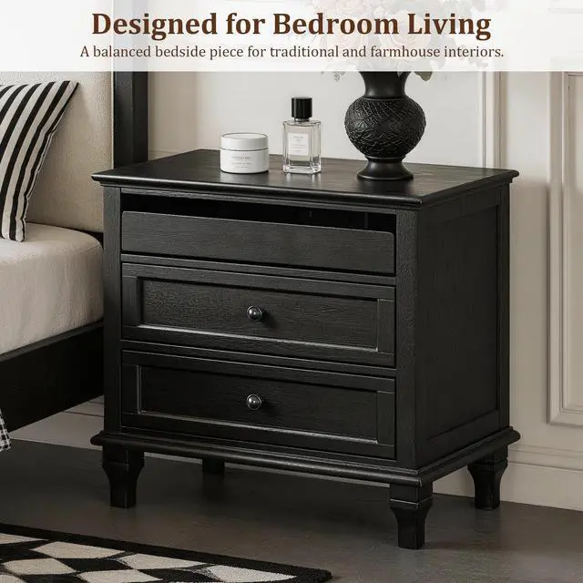 Alt view image 4 of 7 - 28" Wood Nightstand With Charging Station, Farmhouse Bedside Table With 3 Drawers, Usb & Type-C Ports, Storage End Table For Bedroom Living Room Office