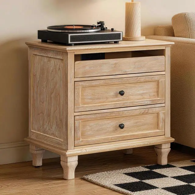 Main image of 28" Wood Nightstand With Charging Station, Farmhouse Bedside Table With 3 Drawers, Usb & Type-C Ports, Storage End Table For Bedroom Living Room Office