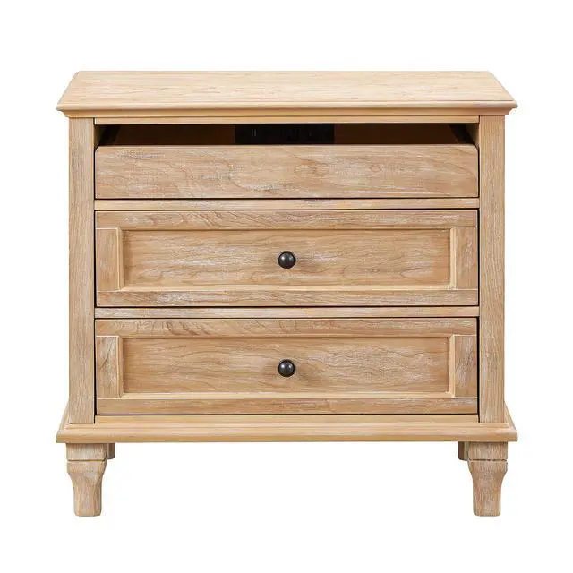 Alt view image 2 of 7 - 28" Wood Nightstand With Charging Station, Farmhouse Bedside Table With 3 Drawers, Usb & Type-C Ports, Storage End Table For Bedroom Living Room Office