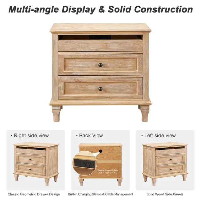 Alt view image 3 of 7 - 28" Wood Nightstand With Charging Station, Farmhouse Bedside Table With 3 Drawers, Usb & Type-C Ports, Storage End Table For Bedroom Living Room Office