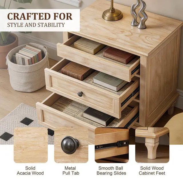 Alt view image 5 of 7 - 28" Wood Nightstand With Charging Station, Farmhouse Bedside Table With 3 Drawers, Usb & Type-C Ports, Storage End Table For Bedroom Living Room Office