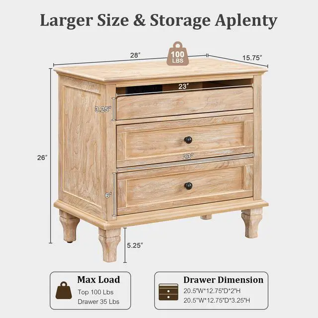 Alt view image 4 of 7 - 28" Wood Nightstand With Charging Station, Farmhouse Bedside Table With 3 Drawers, Usb & Type-C Ports, Storage End Table For Bedroom Living Room Office