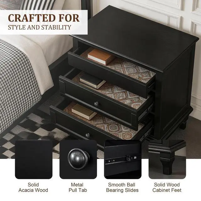 Alt view image 5 of 7 - 28" Wood Nightstand With Charging Station, Farmhouse Bedside Table With 3 Drawers, Usb & Type-C Ports, Storage End Table For Bedroom Living Room Office