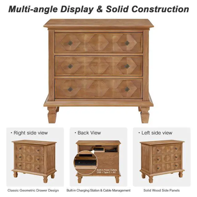 Alt view image 2 of 7 - Farmhouse Nightstand With Charging Station, 3-Drawer Engineered Wood Storage Cabinet, Bedside Table For Bedroom