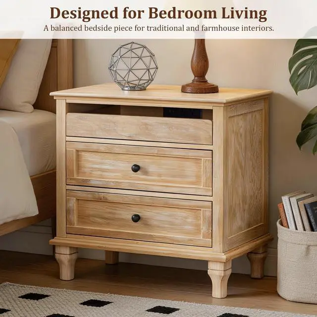 Alt view image 6 of 7 - 28" Wood Nightstand With Charging Station, Farmhouse Bedside Table With 3 Drawers, Usb & Type-C Ports, Storage End Table For Bedroom Living Room Office