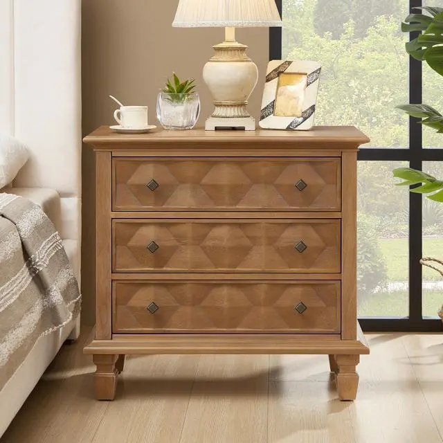 Main image of Farmhouse Nightstand With Charging Station, 3-Drawer Engineered Wood Storage Cabinet, Bedside Table For Bedroom