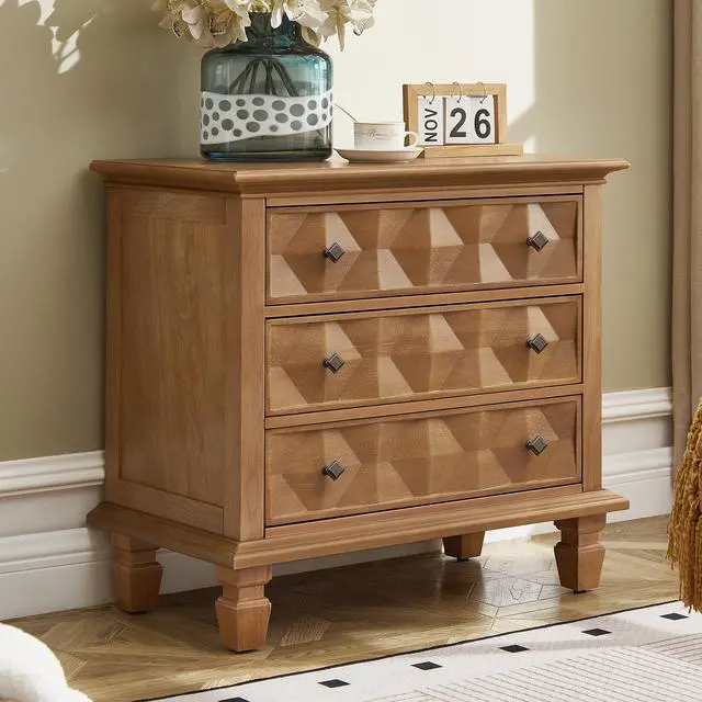 Alt view image 3 of 7 - Farmhouse Nightstand With Charging Station, 3-Drawer Engineered Wood Storage Cabinet, Bedside Table For Bedroom