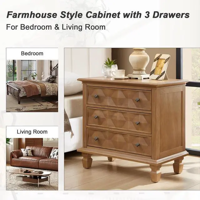 Alt view image 4 of 7 - Farmhouse Nightstand With Charging Station, 3-Drawer Engineered Wood Storage Cabinet, Bedside Table For Bedroom