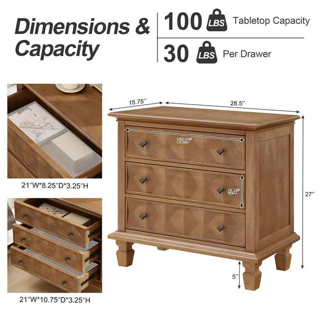 Alt view image 5 of 7 - Farmhouse Nightstand With Charging Station, 3-Drawer Engineered Wood Storage Cabinet, Bedside Table For Bedroom