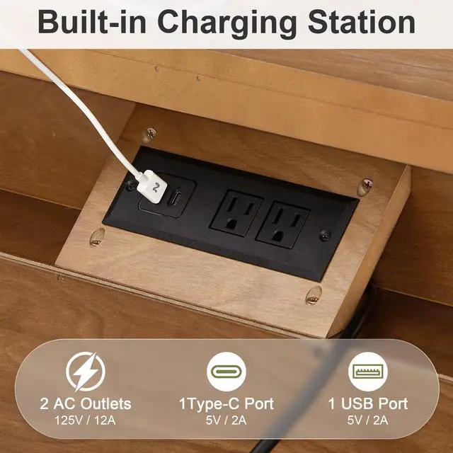 Alt view image 7 of 7 - Farmhouse Nightstand With Charging Station, 3-Drawer Engineered Wood Storage Cabinet, Bedside Table For Bedroom