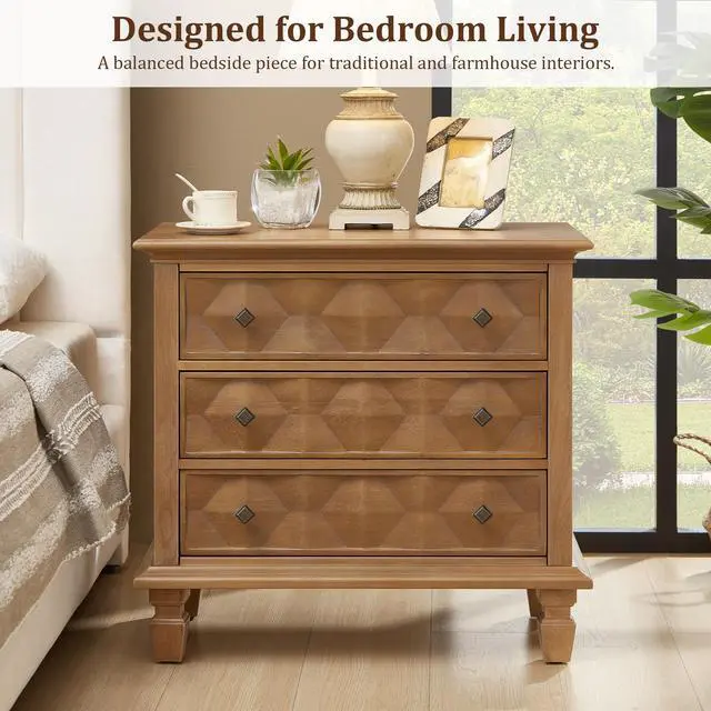 Alt view image 6 of 7 - Farmhouse Nightstand With Charging Station, 3-Drawer Engineered Wood Storage Cabinet, Bedside Table For Bedroom