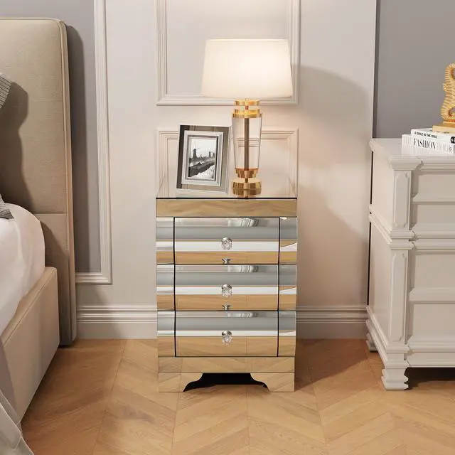 Alt view image 2 of 7 - Baked Curved Mirror Nightstand With 3 Drawer Glass Bedside Table Chest Of Drawers For Bedroom Small Spaces End Table For Living Room Fashion Bedroom Furniture Silver