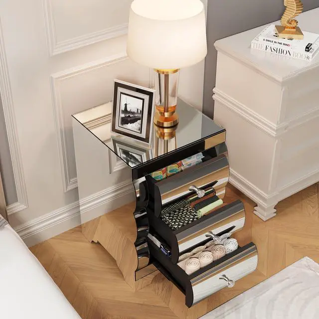 Alt view image 3 of 7 - Baked Curved Mirror Nightstand With 3 Drawer Glass Bedside Table Chest Of Drawers For Bedroom Small Spaces End Table For Living Room Fashion Bedroom Furniture Silver
