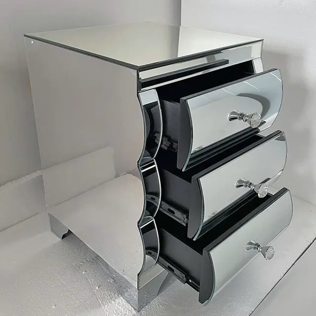 Alt view image 5 of 7 - Baked Curved Mirror Nightstand With 3 Drawer Glass Bedside Table Chest Of Drawers For Bedroom Small Spaces End Table For Living Room Fashion Bedroom Furniture Silver