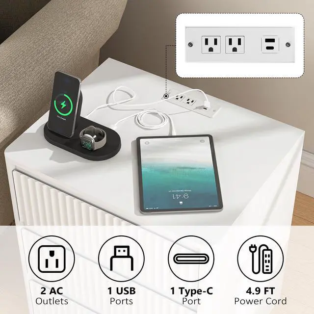 Alt view image 2 of 7 - (Set Of 2)End Table With Fast Usb C Charging Station, Sofa Side Table With 3Drawers, Large Storage Modern Wood Storage Cabinet For Living Room,Bedroom,Office, White