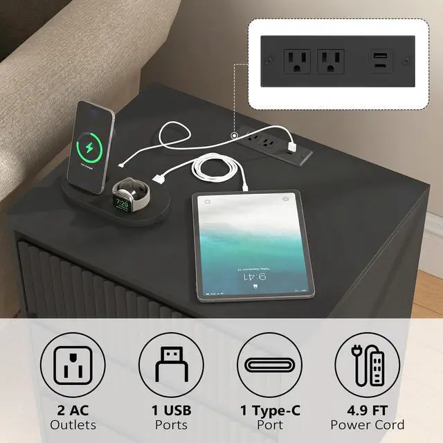 Alt view image 2 of 7 - (Set Of 2)End Table With Fast Usb C Charging Station, Sofa Side Table With 3Drawers, Large Storage Modern Wood Storage Cabinet For Living Room,Bedroom,Office, Black