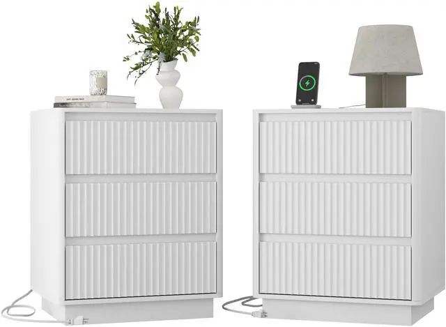 Main image of (Set Of 2)End Table With Fast Usb C Charging Station, Sofa Side Table With 3Drawers, Large Storage Modern Wood Storage Cabinet For Living Room,Bedroom,Office, White