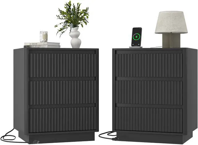 Main image of (Set Of 2)End Table With Fast Usb C Charging Station, Sofa Side Table With 3Drawers, Large Storage Modern Wood Storage Cabinet For Living Room,Bedroom,Office, Black