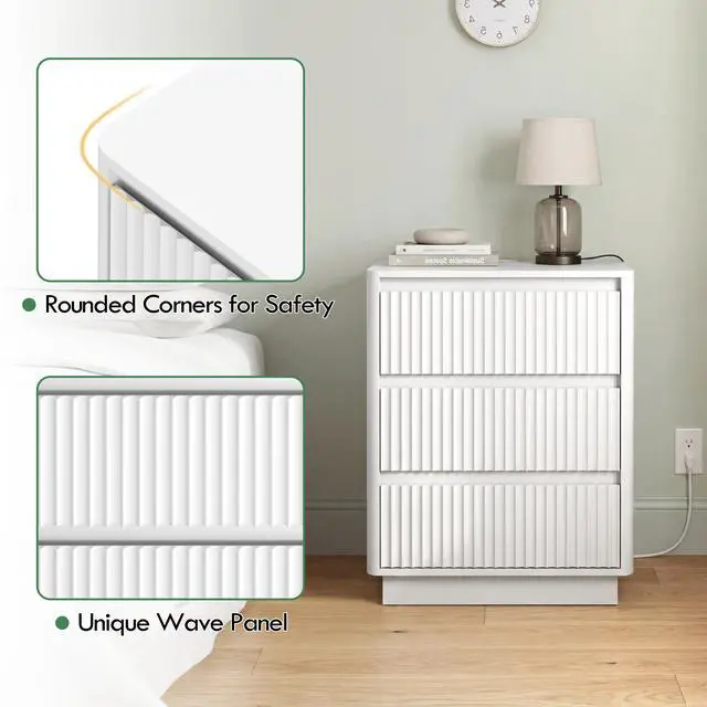Alt view image 3 of 7 - (Set Of 2)End Table With Fast Usb C Charging Station, Sofa Side Table With 3Drawers, Large Storage Modern Wood Storage Cabinet For Living Room,Bedroom,Office, White