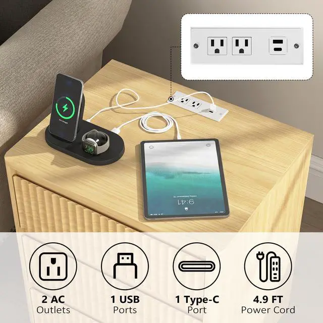 Alt view image 2 of 7 - (Set Of 2)End Table With Fast Usb C Charging Station, Sofa Side Table With 3Drawers, Large Storage Modern Wood Storage Cabinet For Living Room,Bedroom,Office, Natura;