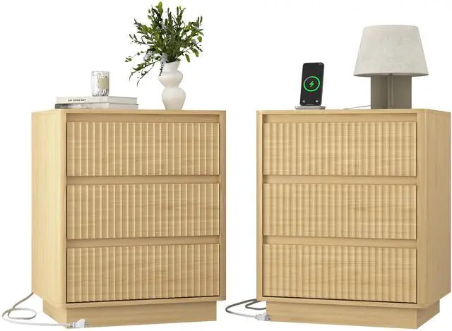 Main image of (Set Of 2)End Table With Fast Usb C Charging Station, Sofa Side Table With 3Drawers, Large Storage Modern Wood Storage Cabinet For Living Room,Bedroom,Office, Natura;