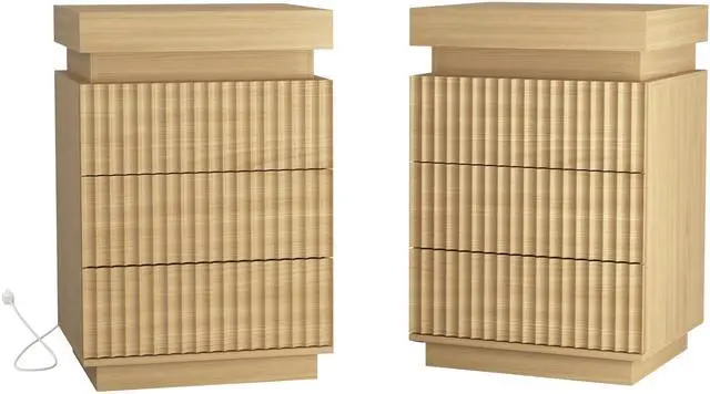 Main image of (Set Of 2) Natural Nightstand Set Of 2 With Charging Station & Led Lights, Fluted Wave Panel Bedside Table With Sliding Top Hidden Storage, Night Stand For Bedroom Living Room
