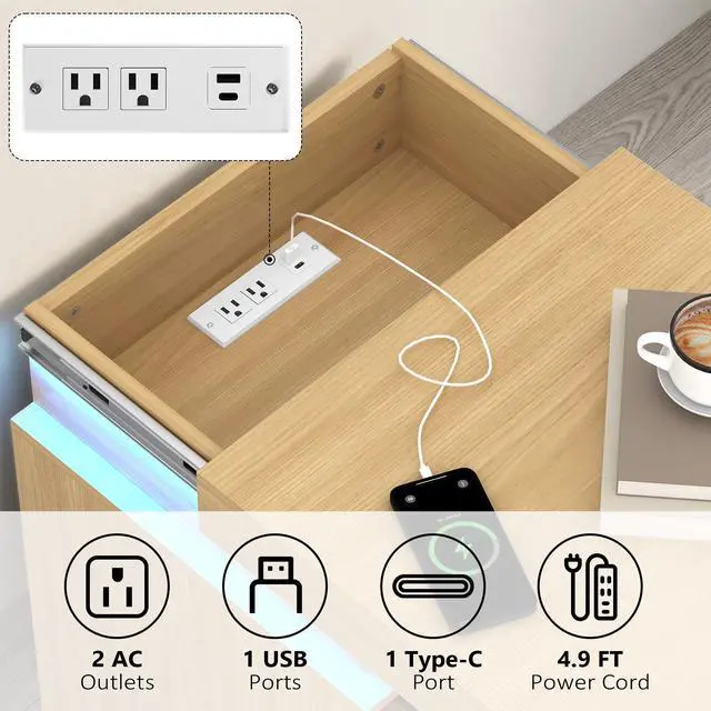 Alt view image 2 of 5 - (Set Of 2) Natural Nightstand Set Of 2 With Charging Station & Led Lights, Fluted Wave Panel Bedside Table With Sliding Top Hidden Storage, Night Stand For Bedroom Living Room