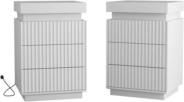 Main image of (Set Of 2) White Nightstand Set Of 2 With Charging Station & Led Lights, Fluted Wave Panel Bedside Table With Sliding Top Hidden Storage, Night Stand For Bedroom Living Room