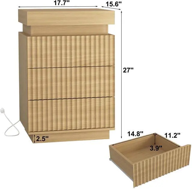 Alt view image 5 of 5 - (Set Of 2) Natural Nightstand Set Of 2 With Charging Station & Led Lights, Fluted Wave Panel Bedside Table With Sliding Top Hidden Storage, Night Stand For Bedroom Living Room