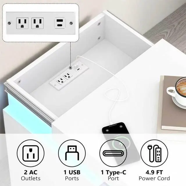 Alt view image 3 of 6 - (Set Of 2) White Nightstand Set Of 2 With Charging Station & Led Lights, Fluted Wave Panel Bedside Table With Sliding Top Hidden Storage, Night Stand For Bedroom Living Room